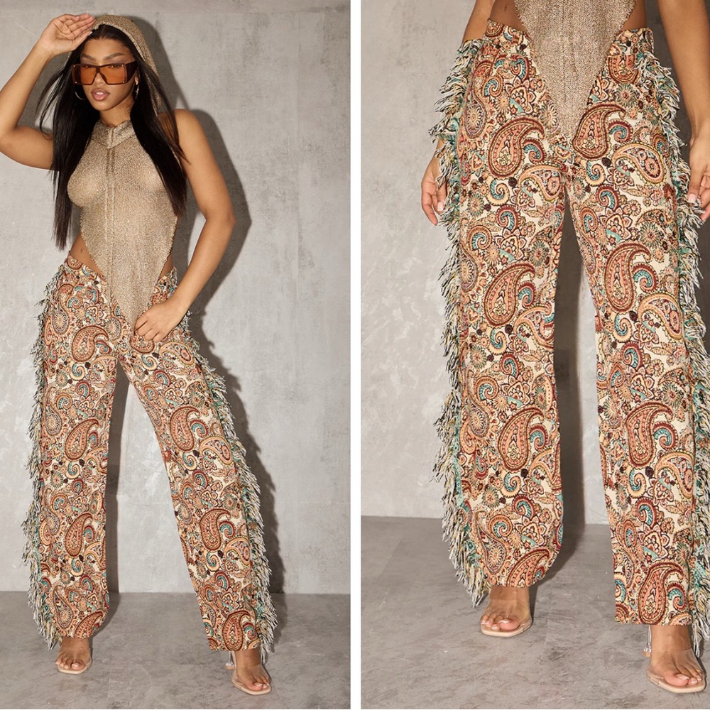 NWT PLT ORANGE AZTEC PRINTED JACQUARD TWILL TASSEL SIDE PANTS